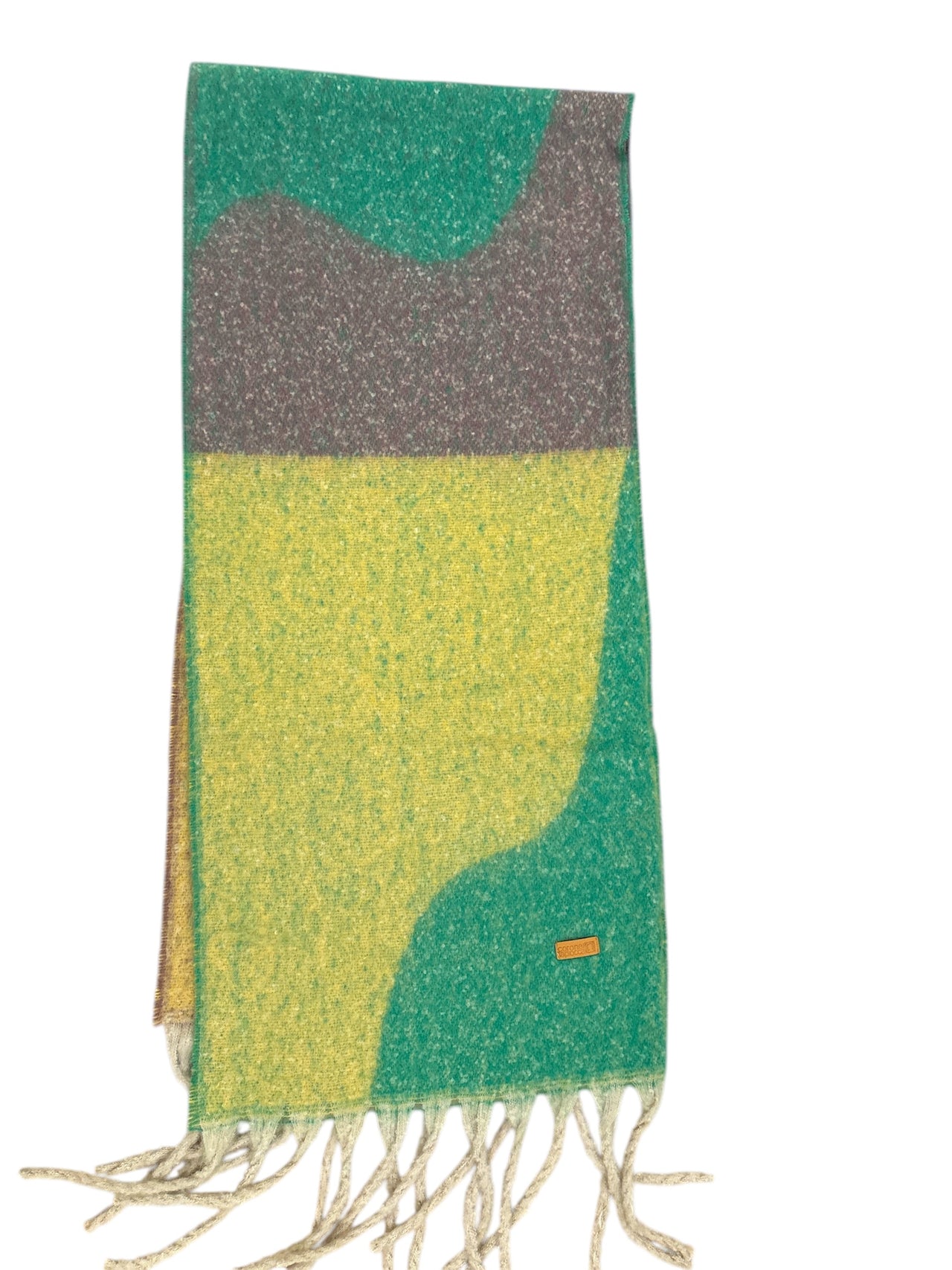 Abstract-patterned scarf in green, yellow, and warm brown with a soft texture and tasseled edges.
