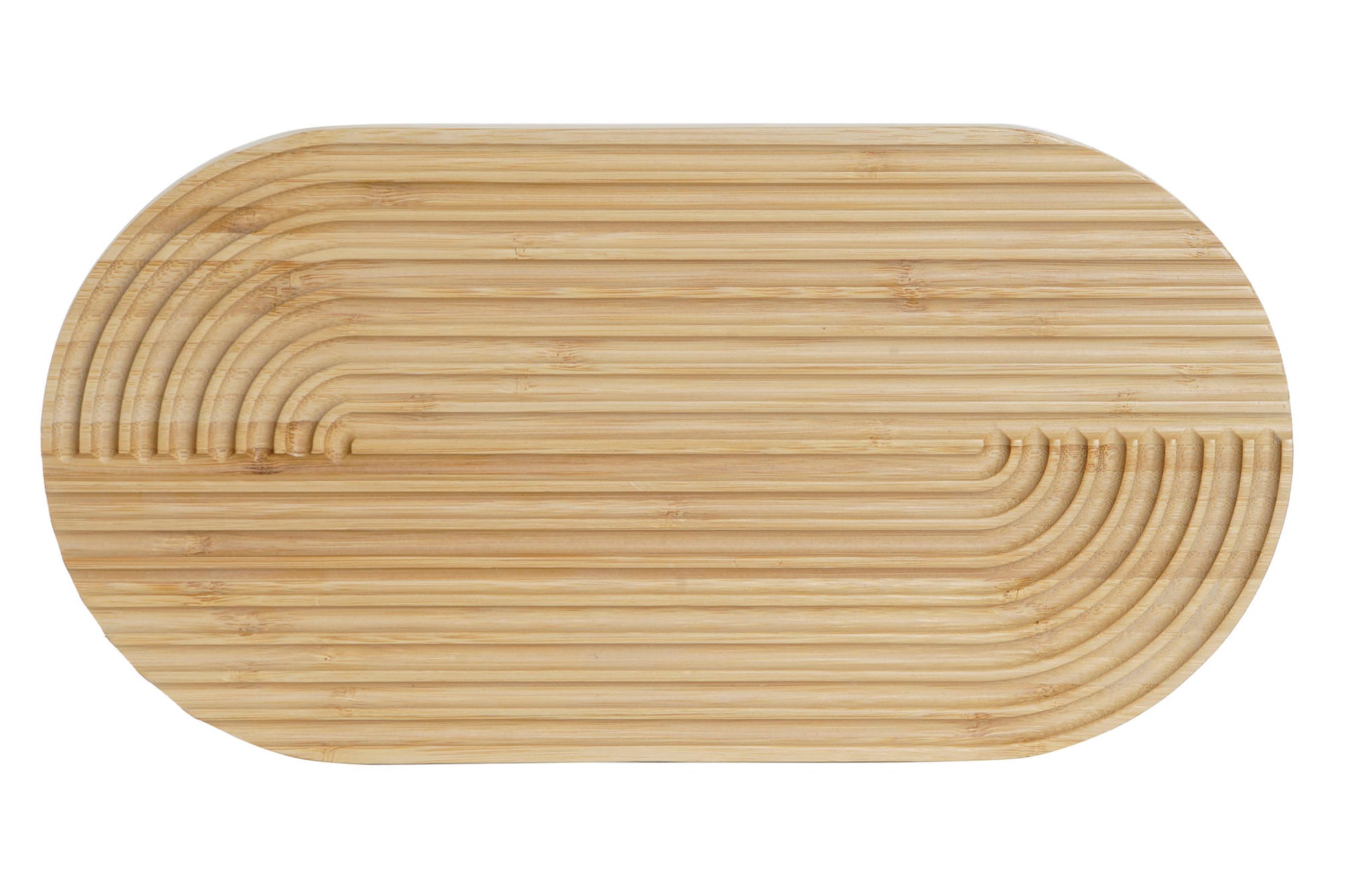 Bamboo cutting board with rounded edges and modern design from Casa Moderna collection, displayed on a kitchen countertop.