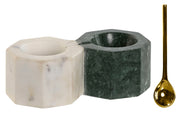 Deep green and white marble salt and pepper wells with a golden spoon, compact and elegant for modern kitchen decor.