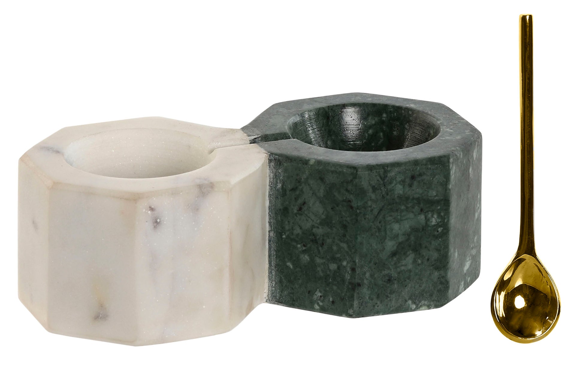 Deep green and white marble salt and pepper wells with a golden spoon, compact and elegant for modern kitchen decor.