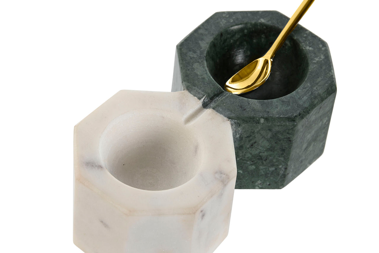 Deep green and white marble salt and pepper wells with a golden spoon, compact and elegant for modern kitchen decor.