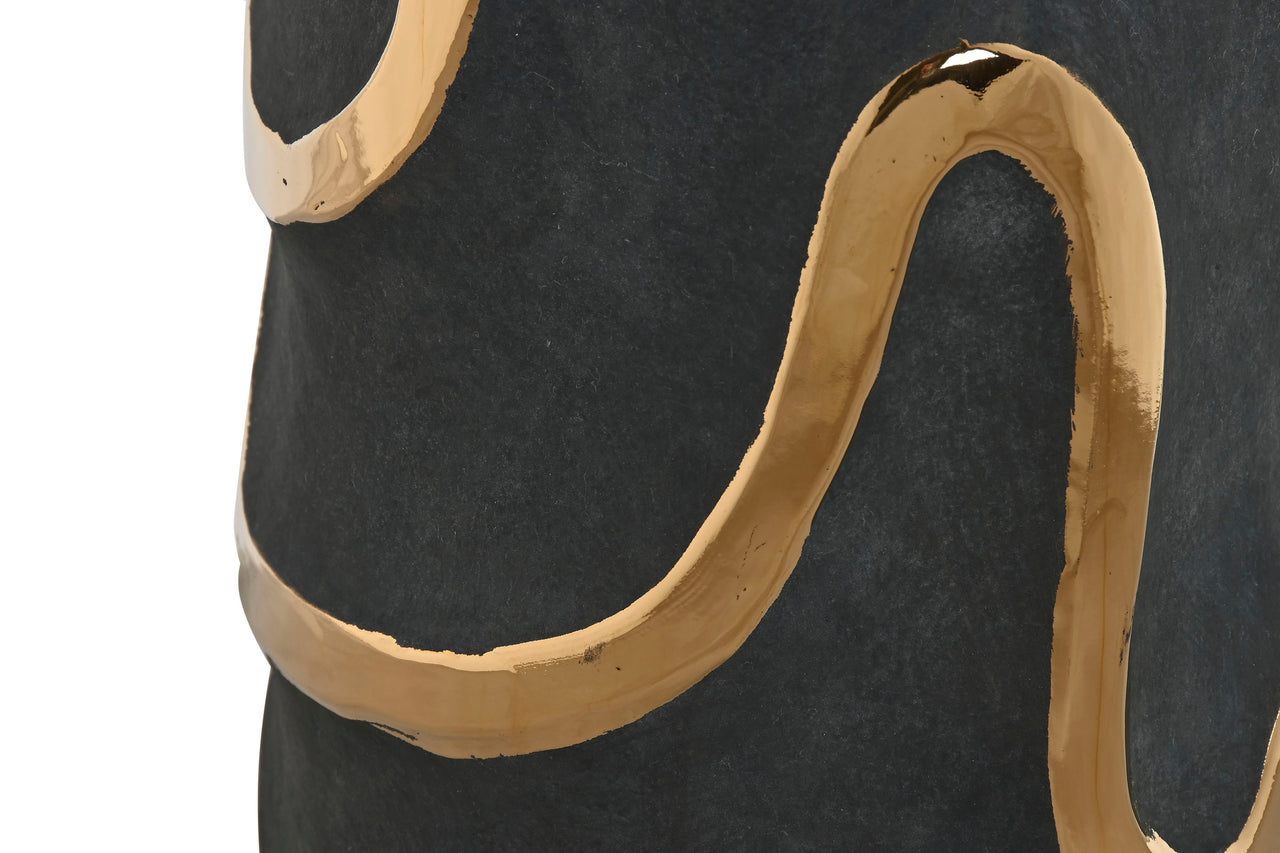 Deep grey stoneware vase with golden accents, featuring curved lines and a tall silhouette, ideal for dried flowers or as a shelf accent.