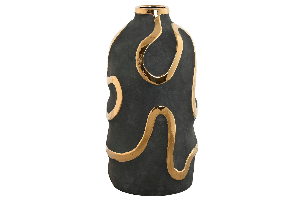 Deep grey stoneware vase with golden accents, featuring curved lines and a tall silhouette, ideal for dried flowers or as a shelf accent.