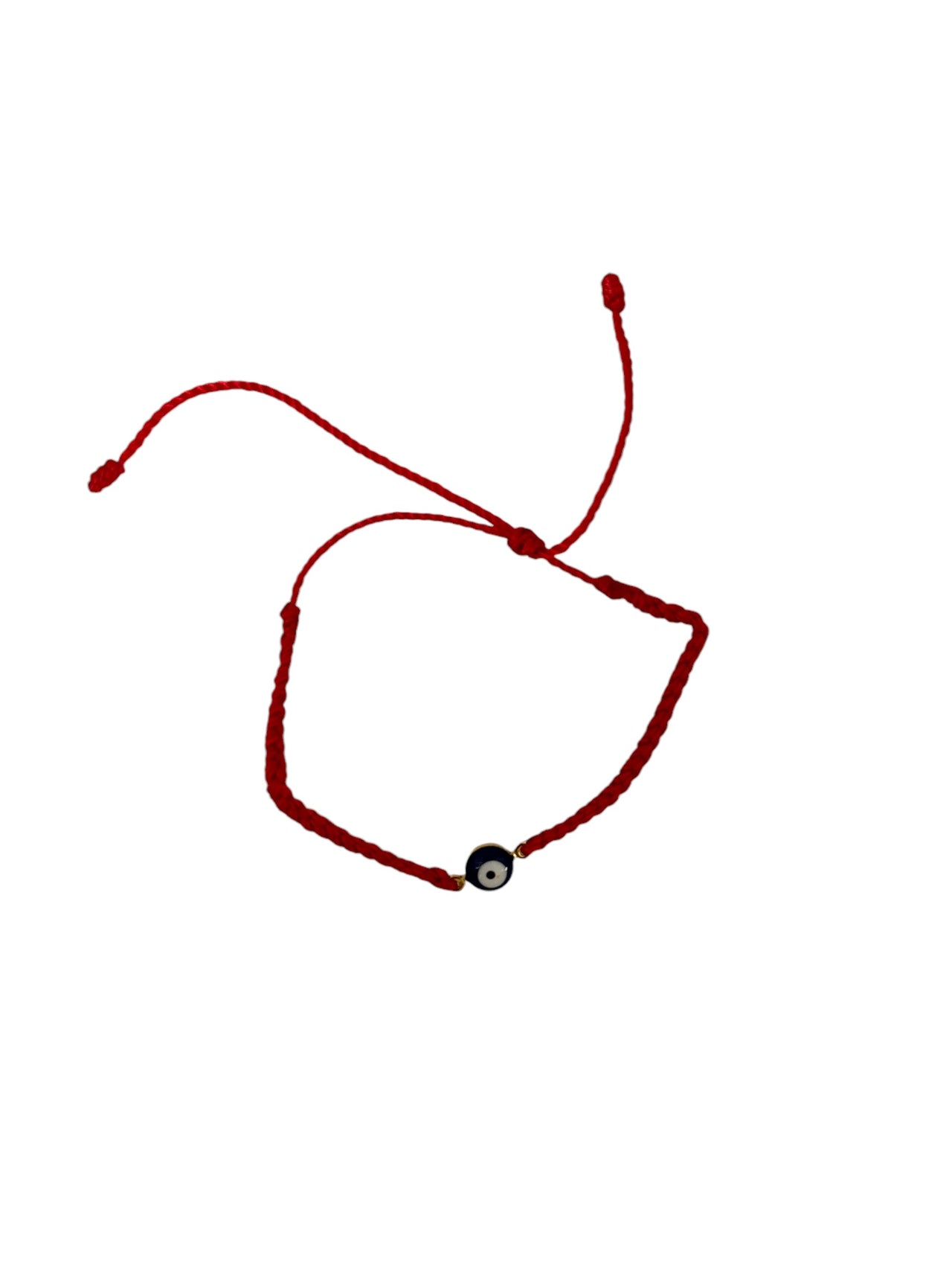 Delicate red thread bracelet with an evil eye charm and adjustable sliding knot closure, symbolizing love, passion, and protection