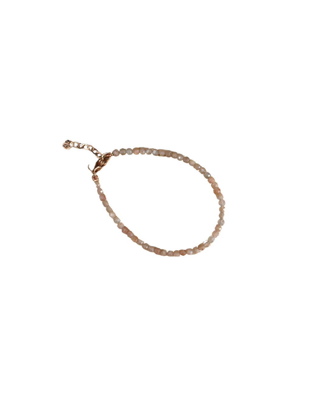 Delicate rose quartz bracelet with semi-precious pink stones and a rose gold-plated stainless steel clasp.
