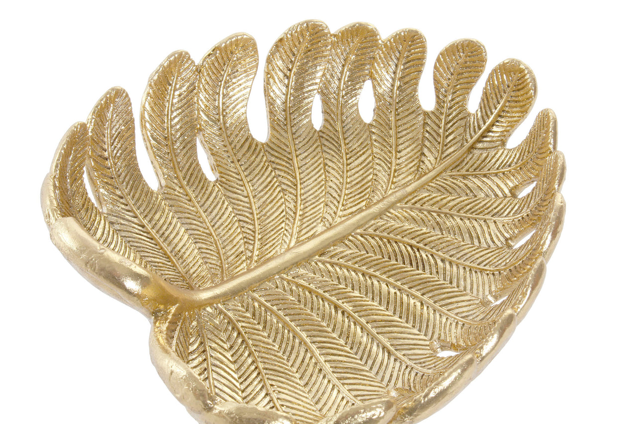Golden leaf-shaped resin tray from KITI's Casa Moderna collection, ideal for hallway catchall or decorative use.