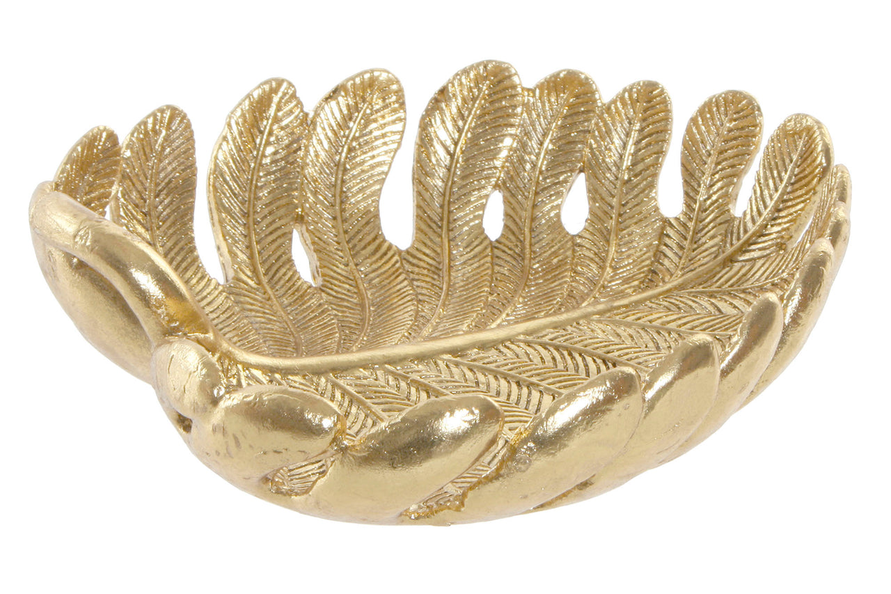 Golden leaf-shaped resin tray from KITI's Casa Moderna collection, ideal for hallway catchall or decorative use.
