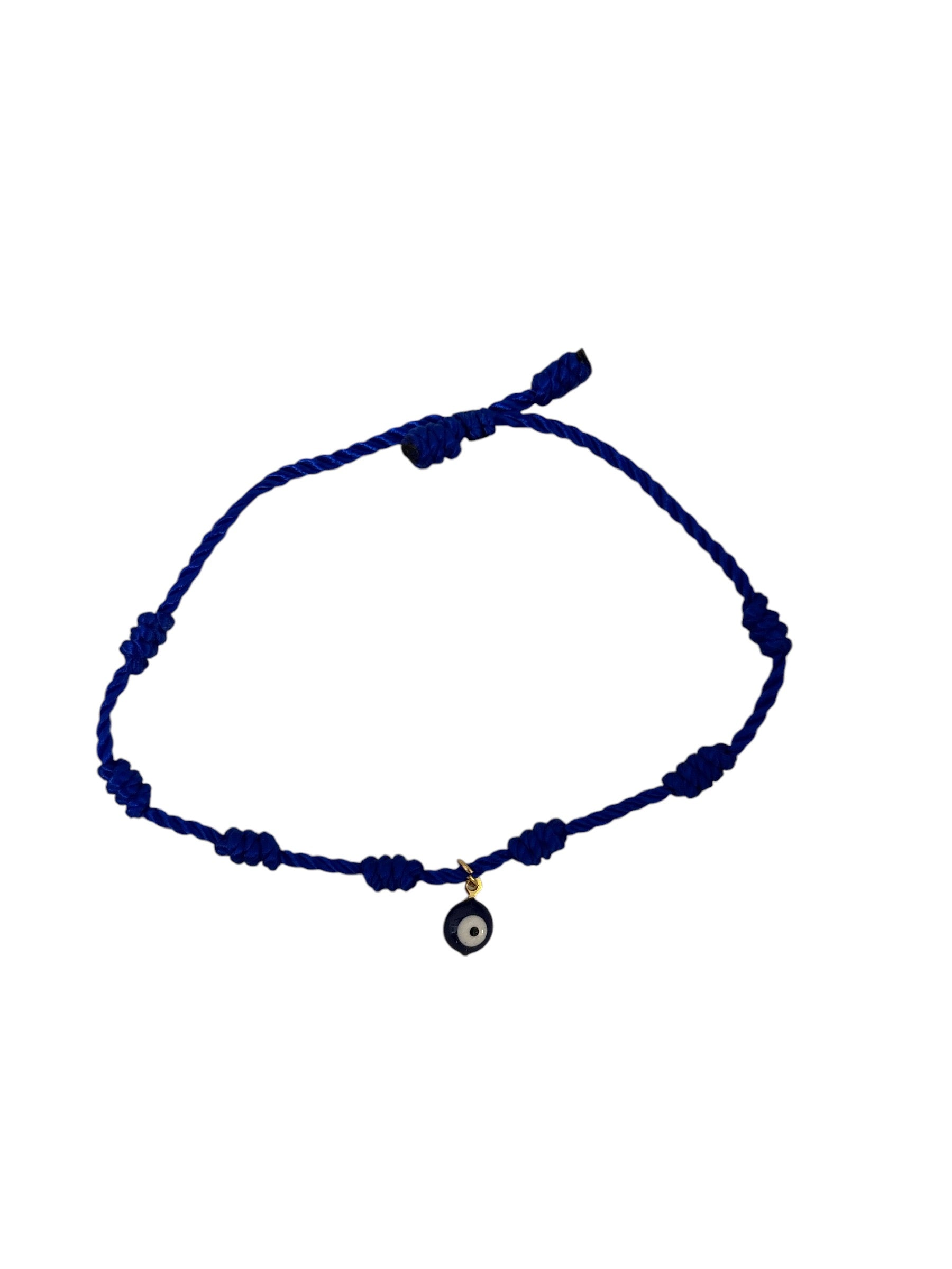 Deep Blue Evil Eye Bracelet featuring rich blue tones, intricate knots, and a protective evil eye charm, with an adjustable sliding knot closure for a perfect fit.