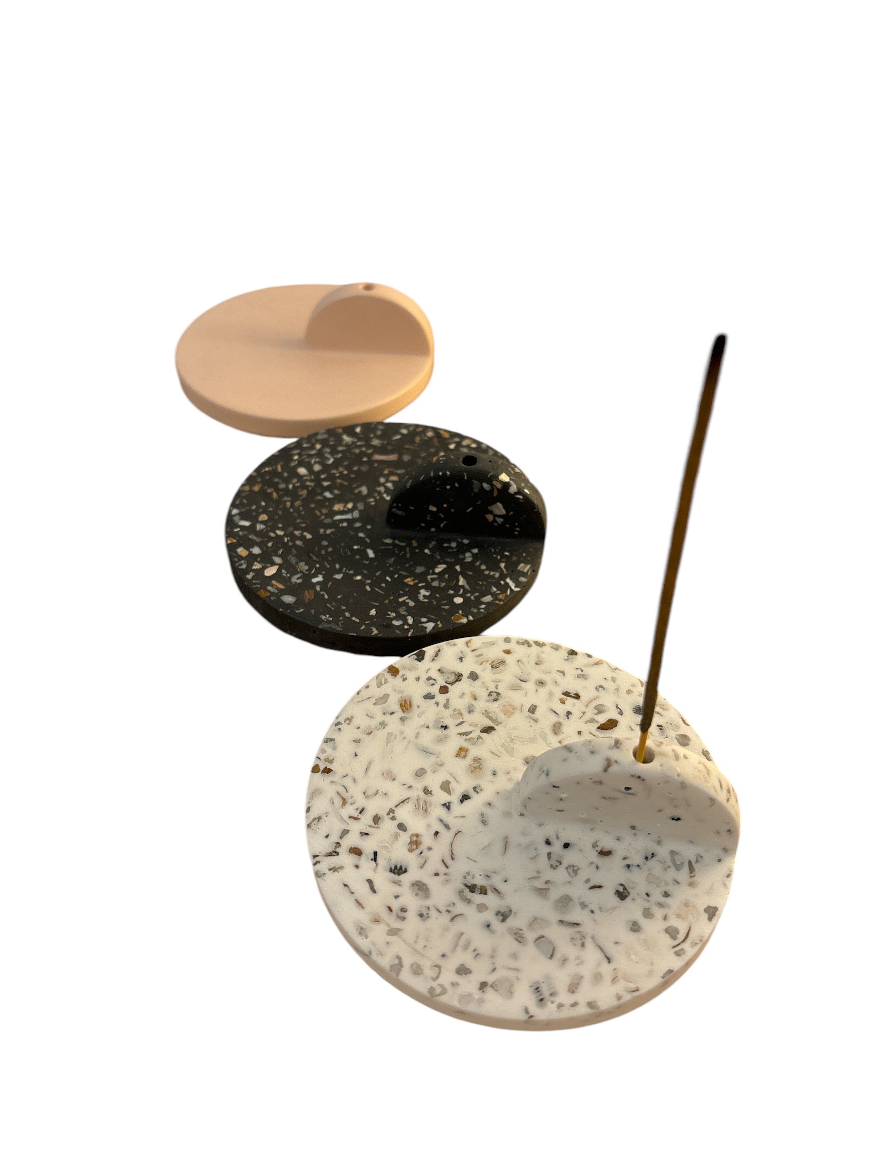 Handcrafted decorative incense holder made of eco-friendly acrylic resin and plaster, available in three chic colors, perfect for minimalist and modern decor.