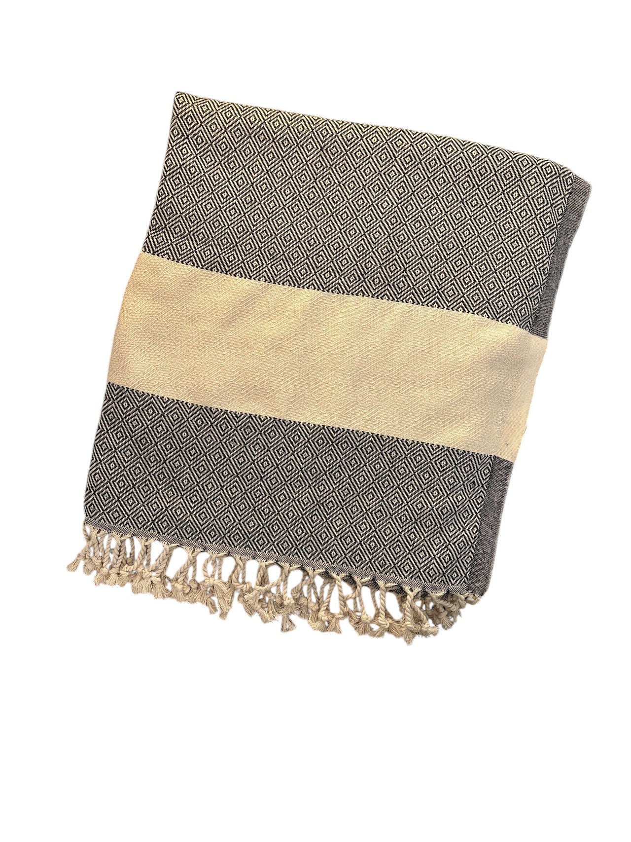 Handwoven Turkish throw, 100% premium cotton, minimalist design with knotted fringes, perfect for cozy nights, picnics, and beach days.