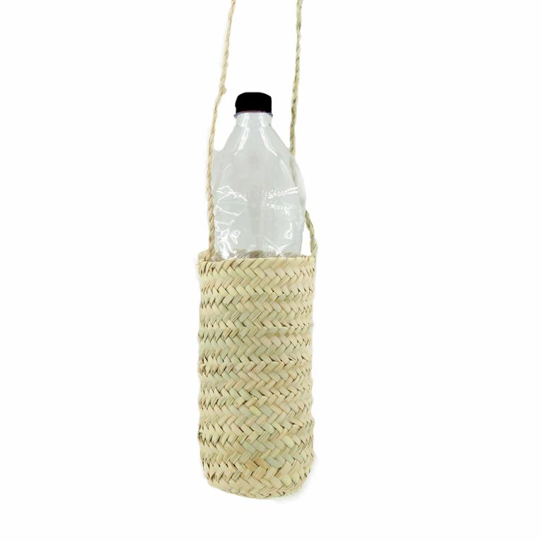 Handwoven natural palm bottle holder with long shoulder strap