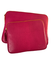 Handmade leather laptop pouch with patterned fabric lining