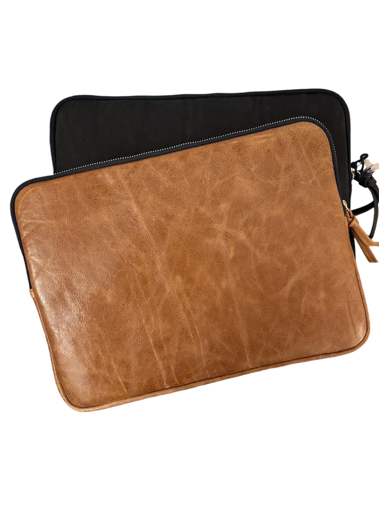 leather laptop pouch with zipper and fabric interior