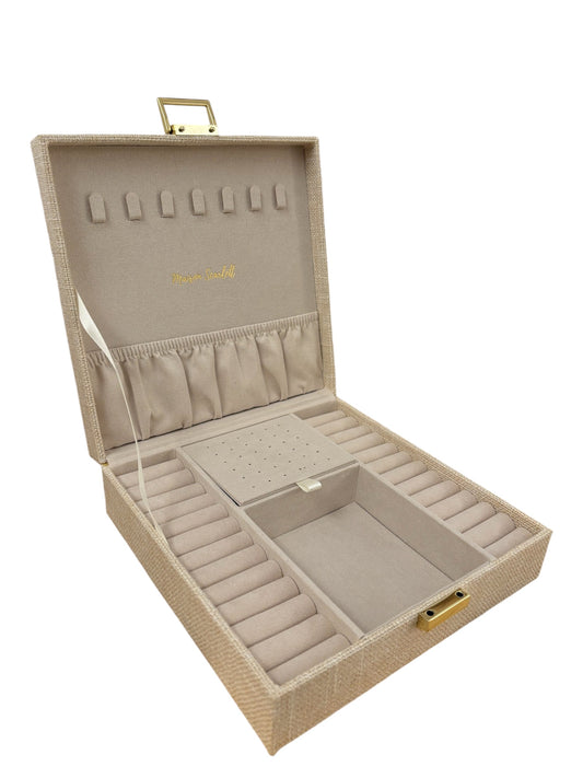 Linen Jewelry Box in Beige holds up to 24 rings, 18 earrings, 7 necklaces, and 6 bracelets