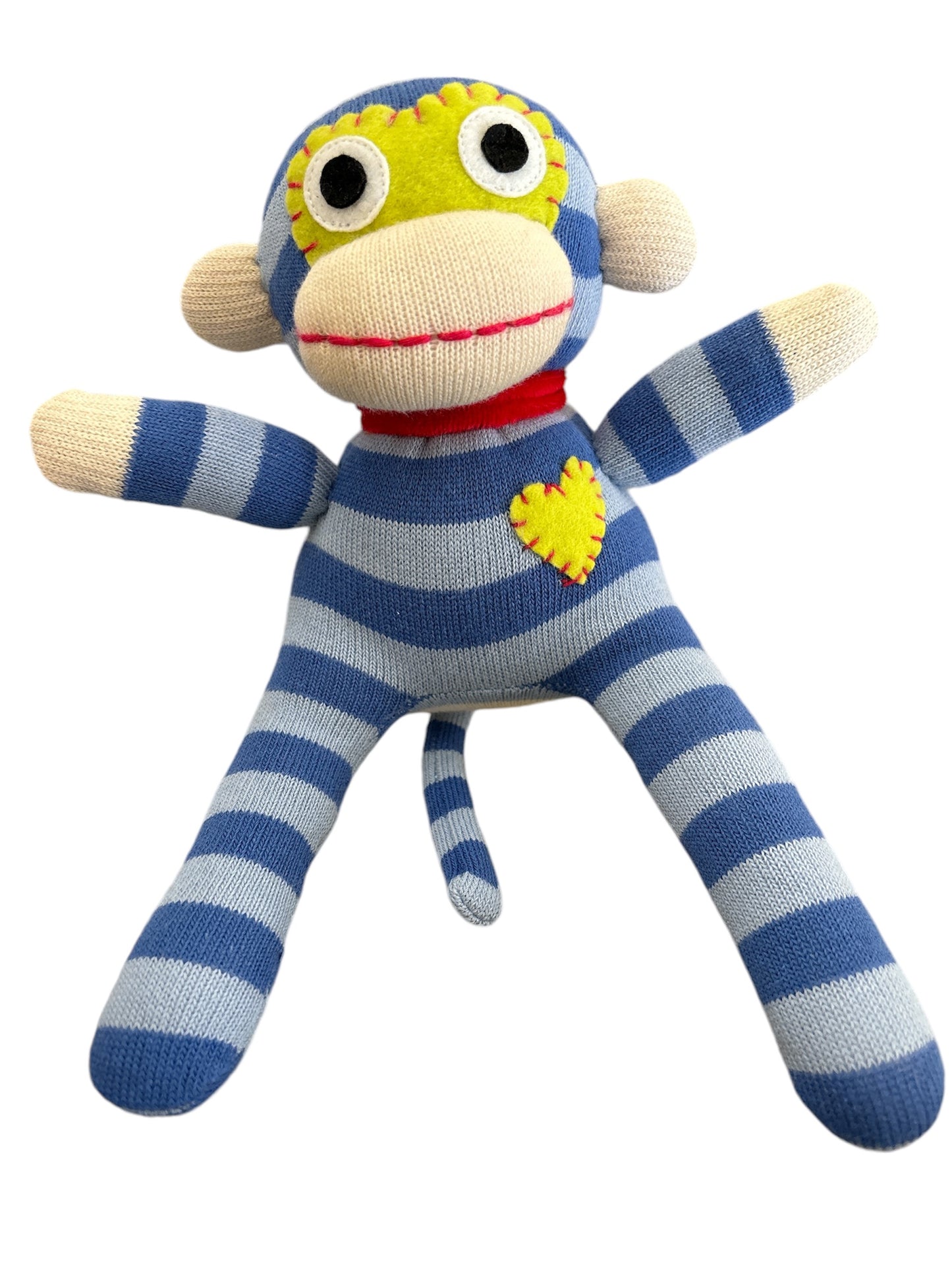 small cuddly sock monkey toy in blue stripes