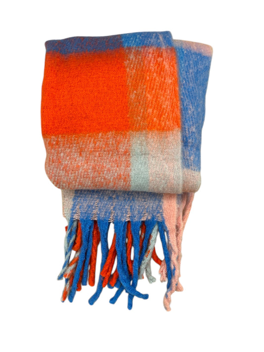 cozy fluffy scarf plaid bright colors check pattern orange pink blue