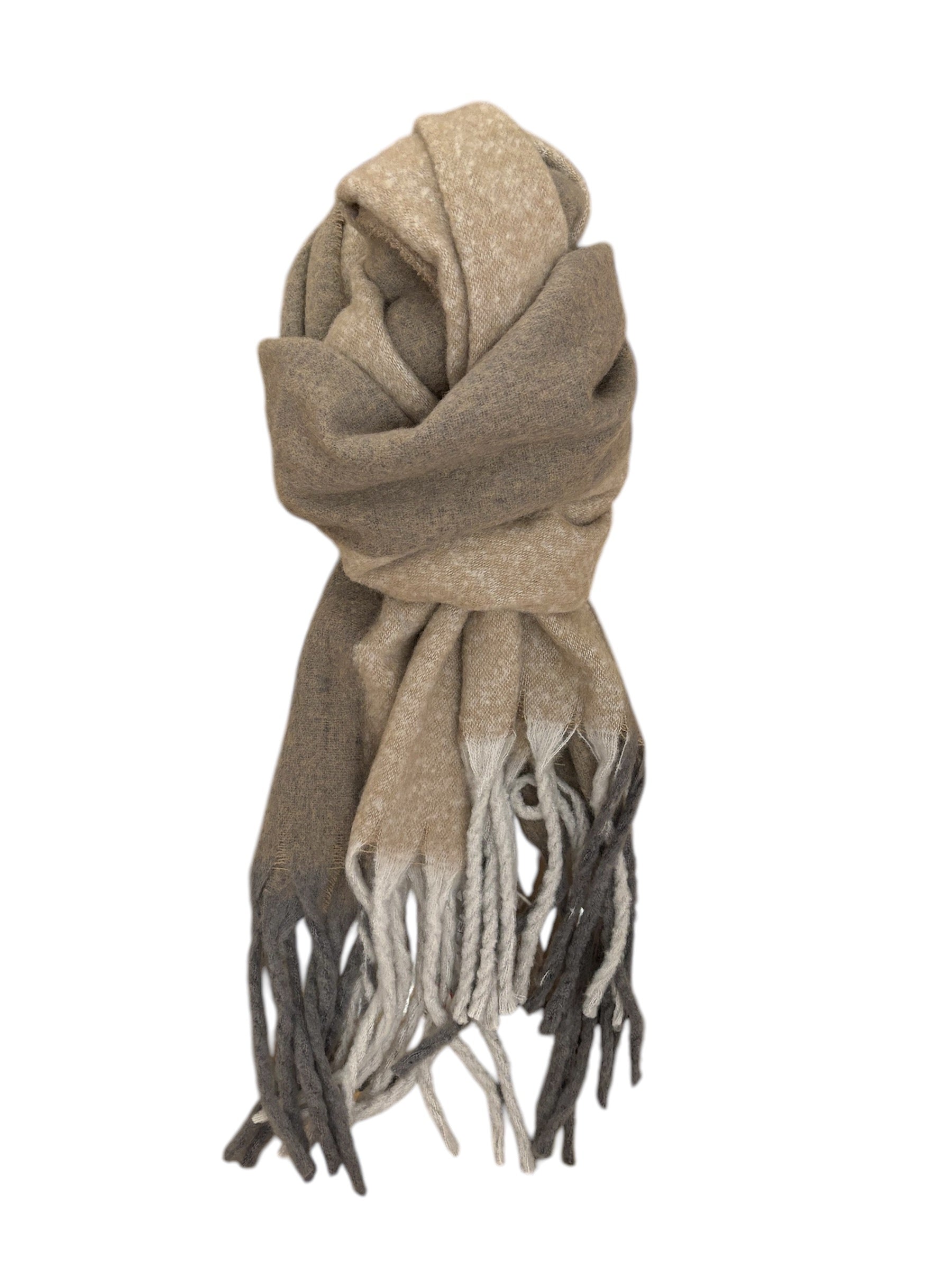 cozy chunky scarf with fringe in sand/stone color palette