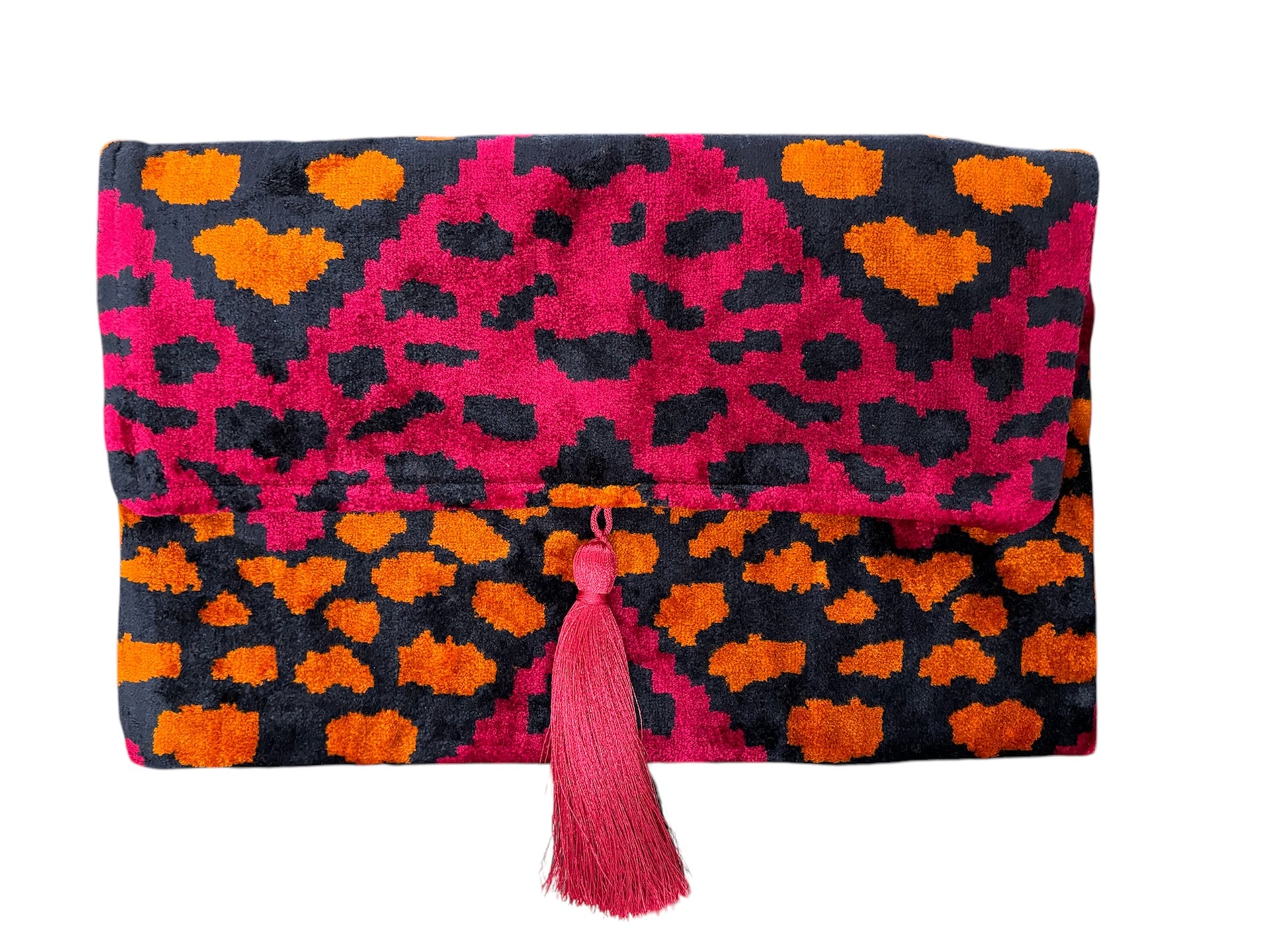 Limited edition Silk Velvet Ikat Clutch, handwoven with cocoon silk and organic cotton.
