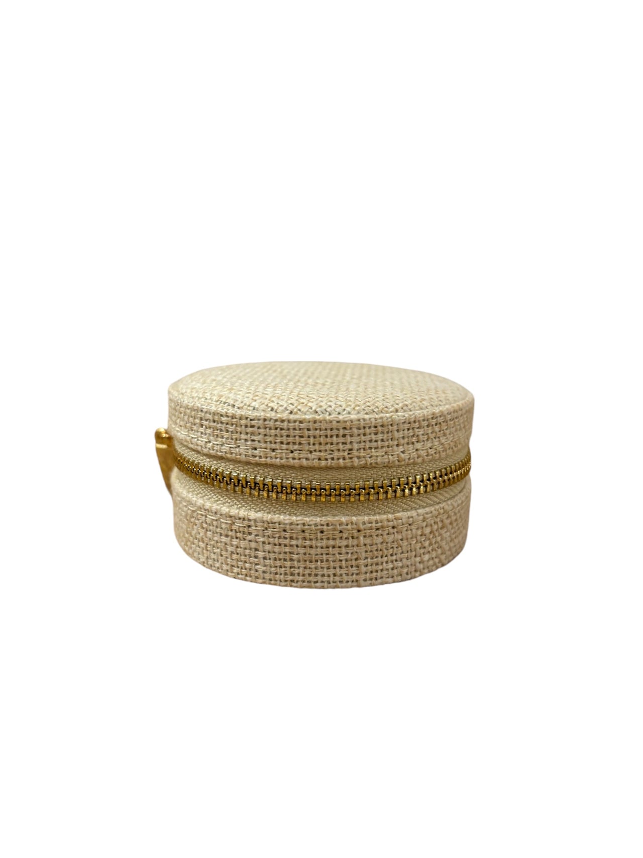 Mini linen jewelry case with gold zipper and velvet interior, designed for organizing rings, earrings, and necklaces.