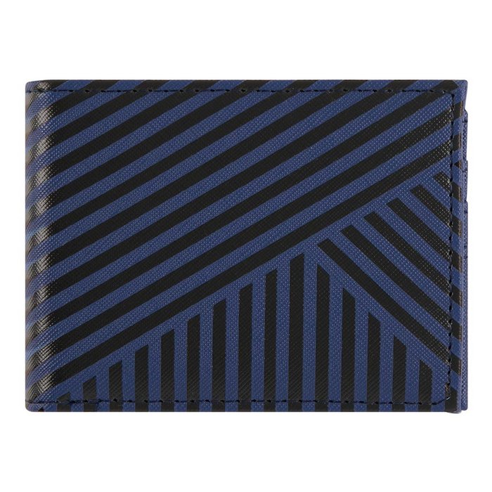 Navy and black striped flat wallet by Draeger Paris with multiple card slots and a transparent ID compartment.