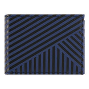 Navy and black striped flat wallet by Draeger Paris with multiple card slots and a transparent ID compartment.