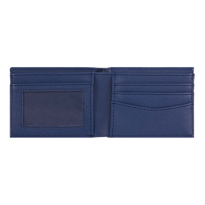Navy and black striped flat wallet by Draeger Paris with multiple card slots and a transparent ID compartment.