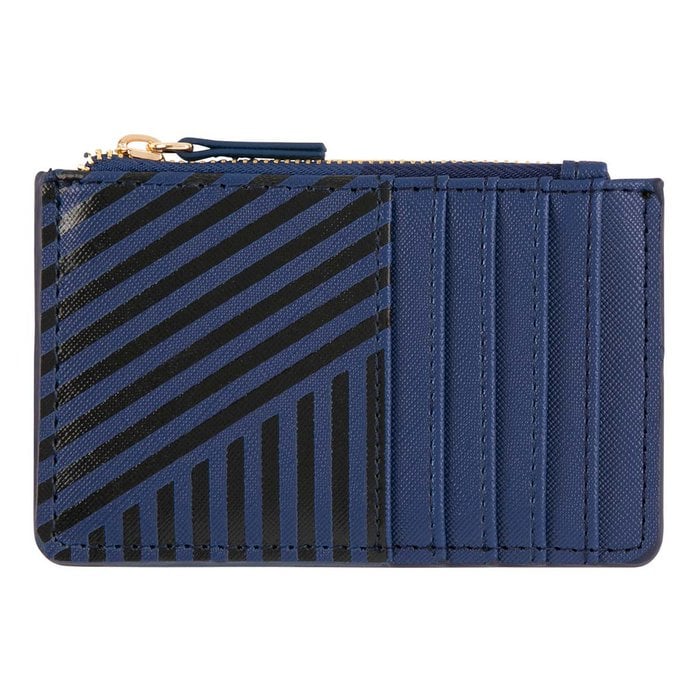 Navy blue and black striped Draeger Paris card holder with 10 card slots and a central zippered pocket.