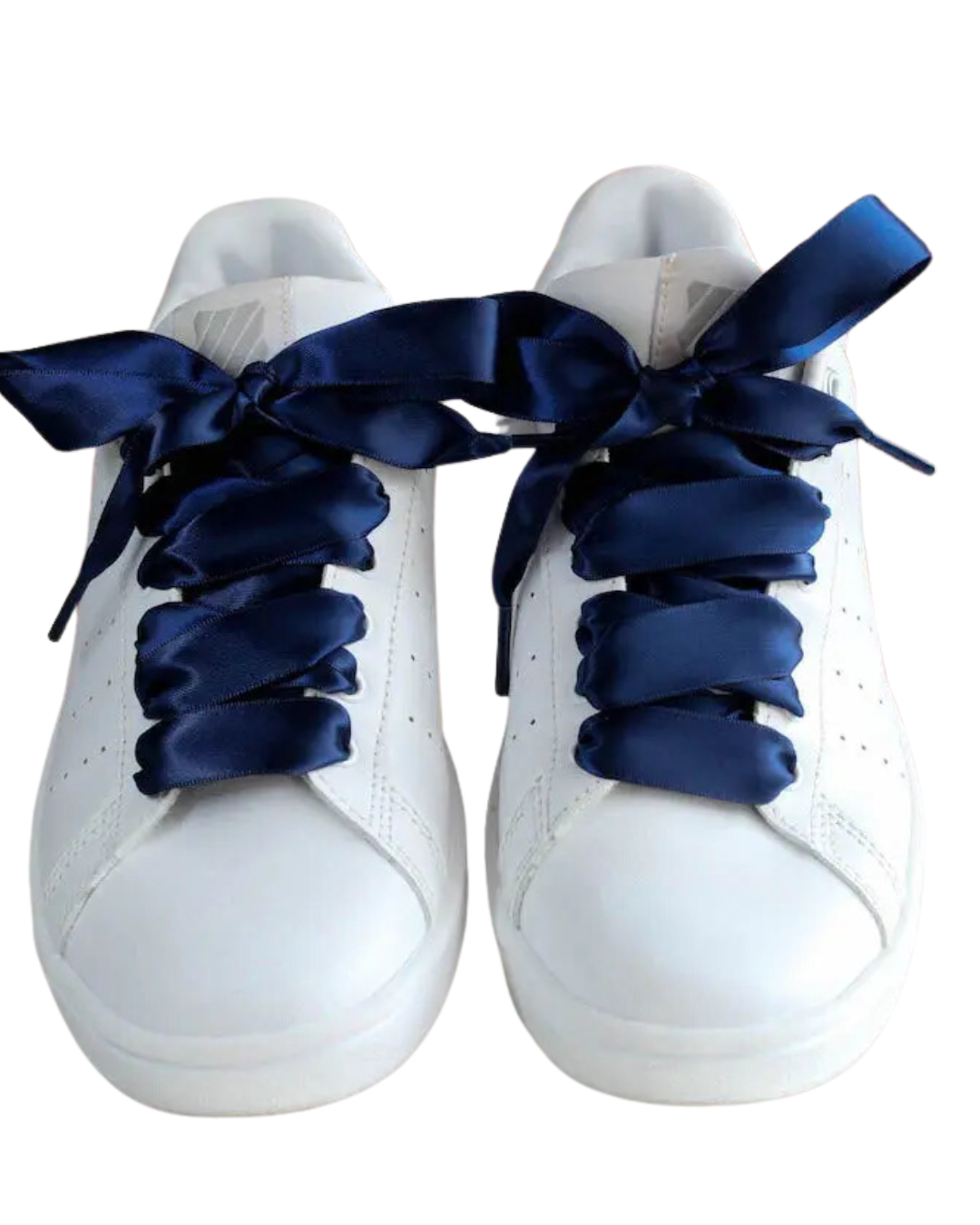 Navy blue satin sneaker laces styled on a pair of white Stan Smith sneakers