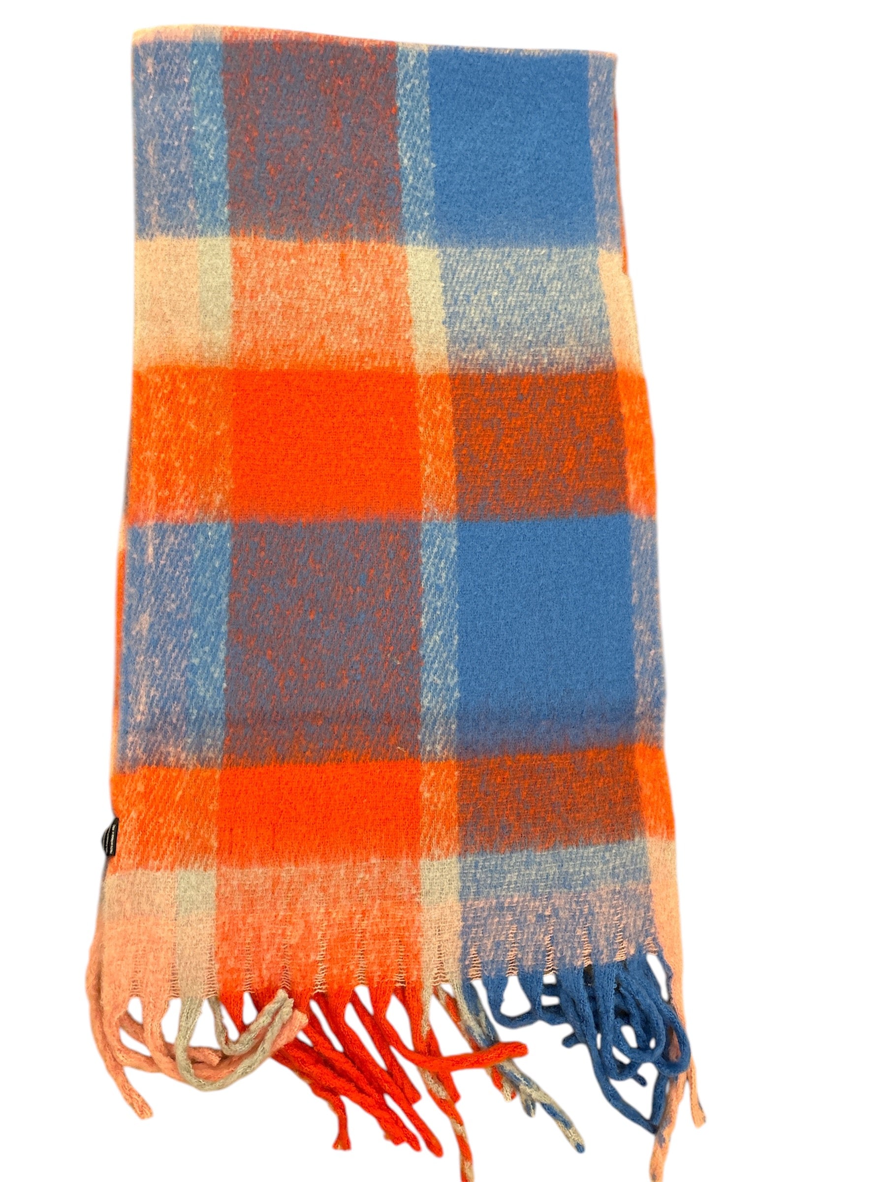 Plush plaid scarf in persimmon, sky blue, and soft pink with a fuzzy, ultra-soft texture.