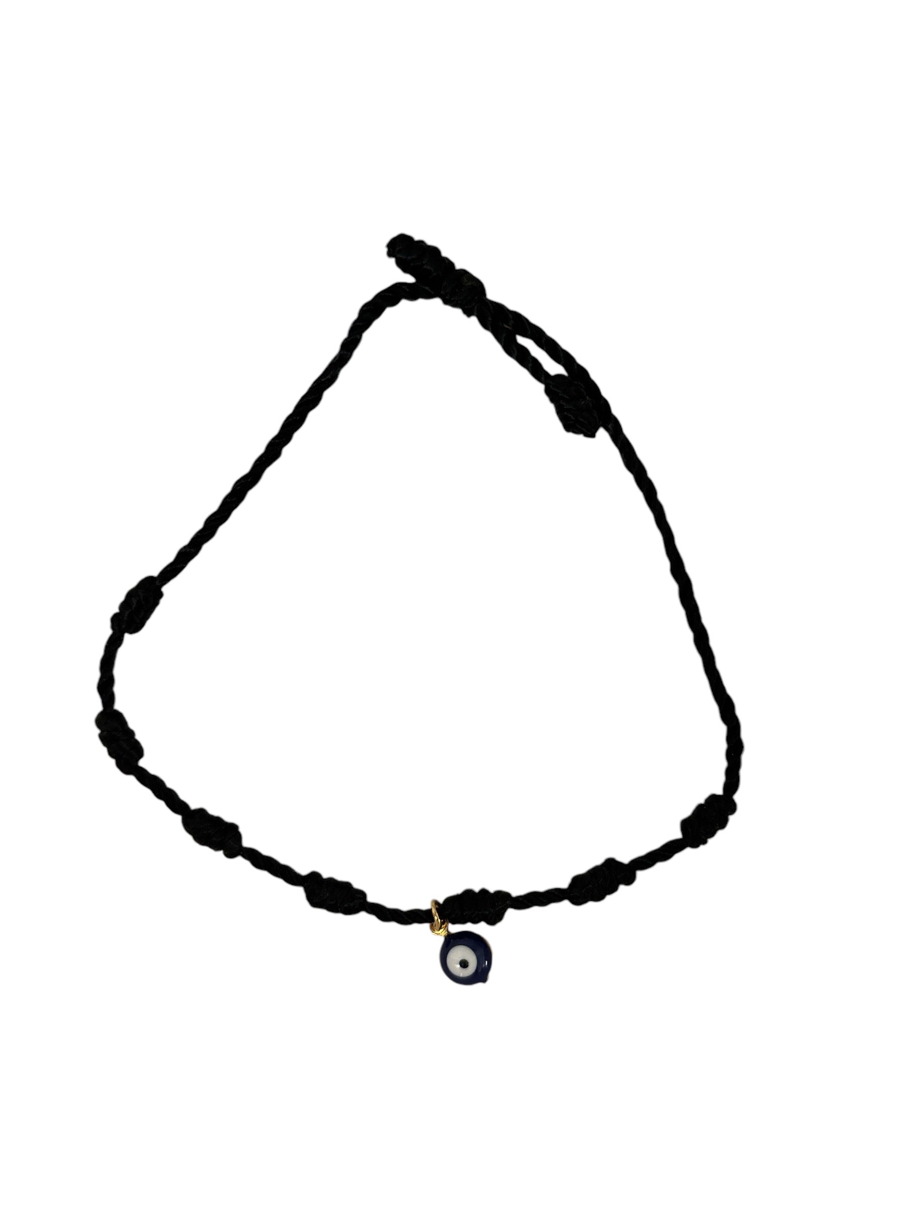 Black Evil Eye Bracelet with black knots and protective evil eye charm, symbolizing strength and empowerment, with adjustable sliding knot closure.