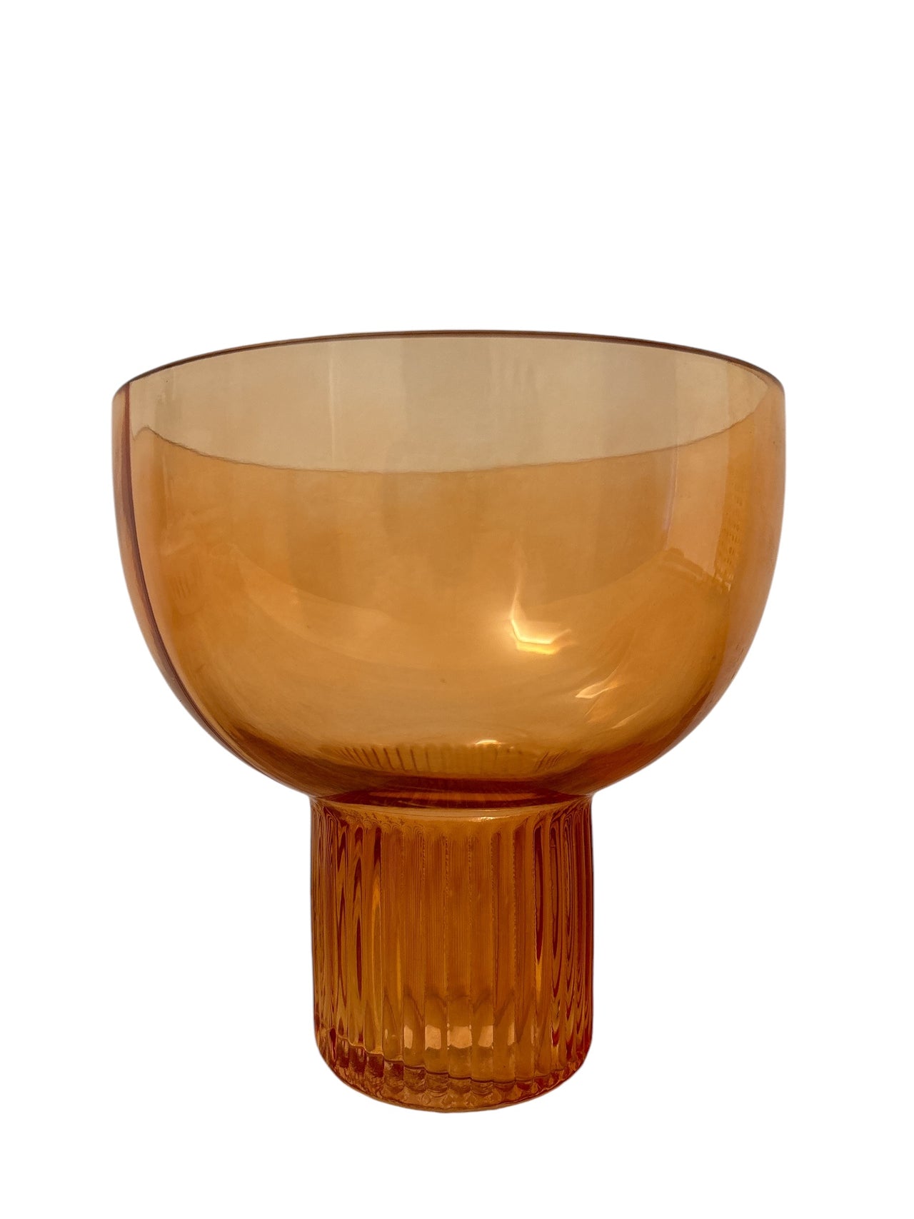 Rose-Colored Glass Vase with ribbed stem and wide opening, perfect for floral arrangements and adding a stylish pop of color to any room.