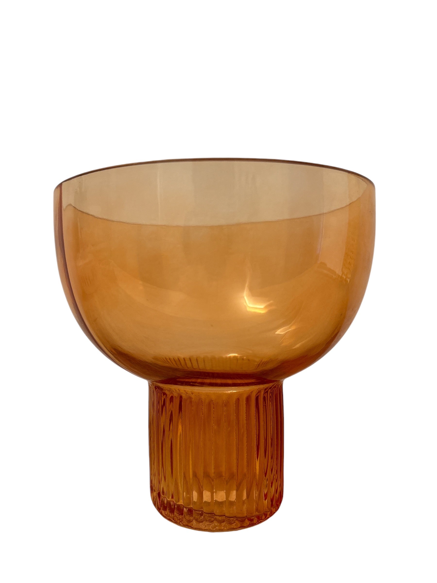 Rose-Colored Glass Vase with ribbed stem and wide opening, perfect for floral arrangements and adding a stylish pop of color to any room.