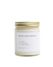 Rose + Sandalwood candle in a clear glass jar with minimalist label, featuring a soft floral rose scent balanced with musk and sandalwood for a refined fragrance. Brooklyn Candle Studio