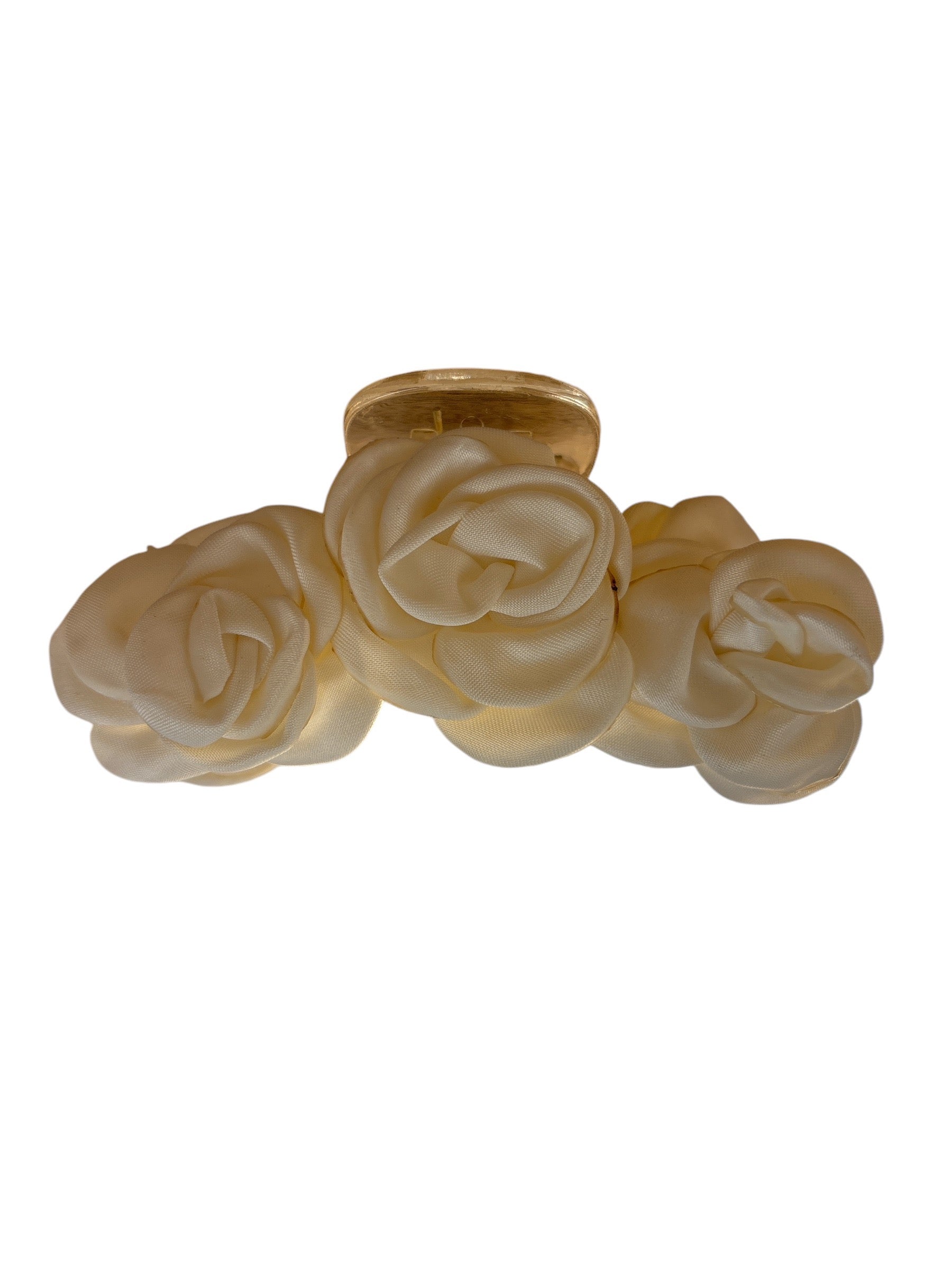 Rosette Claw Clip with three delicate satin rosettes for a whimsical, romantic hairstyle.