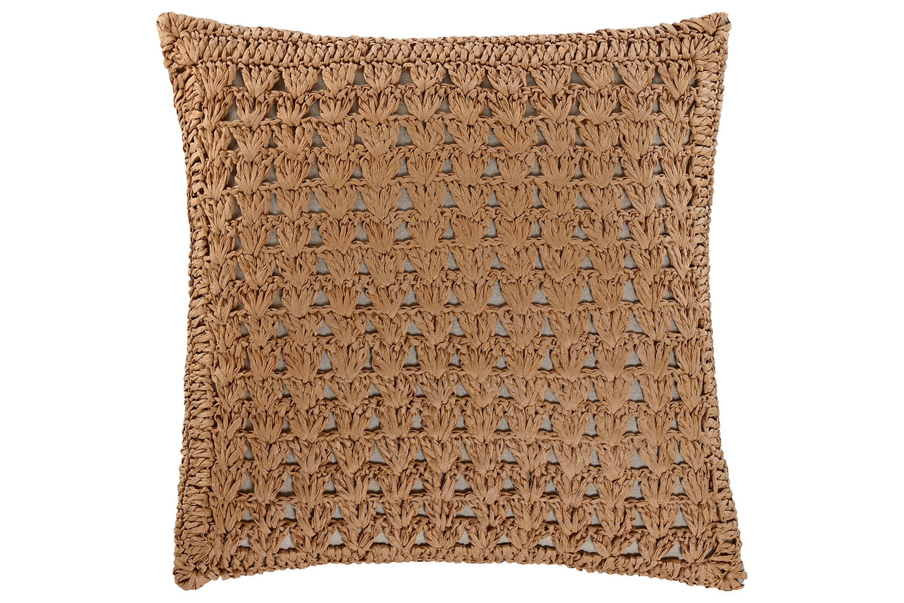 Square woven pillow with a textured polyester front and linen back, 45x45 cm, in neutral earthy tones.
