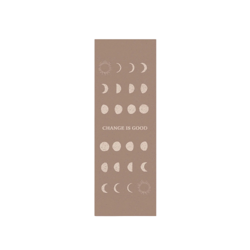 Sustainable bookmark with moon phases and "change is good" message, printed on recycled FSC-certified paper.