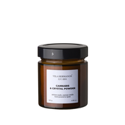 The Cannabis & Crystal Powder Candle in a minimalist glass jar, featuring natural vegetable wax and a pure cotton wick, designed for a clean, eco-friendly burn with a rich, earthy fragrance.