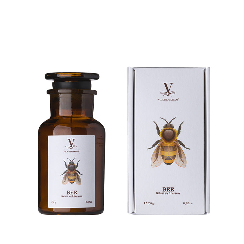 Vila Hermanos Bee Candle, made with natural soy and beeswax, floral scent with ambergris, symbolizing good luck, intelligence, and perseverance.