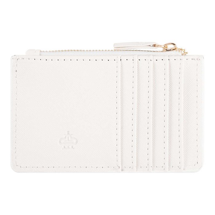 White card holder with gray and gold accents, featuring 10 card slots and a zippered pocket by Draeger Paris.