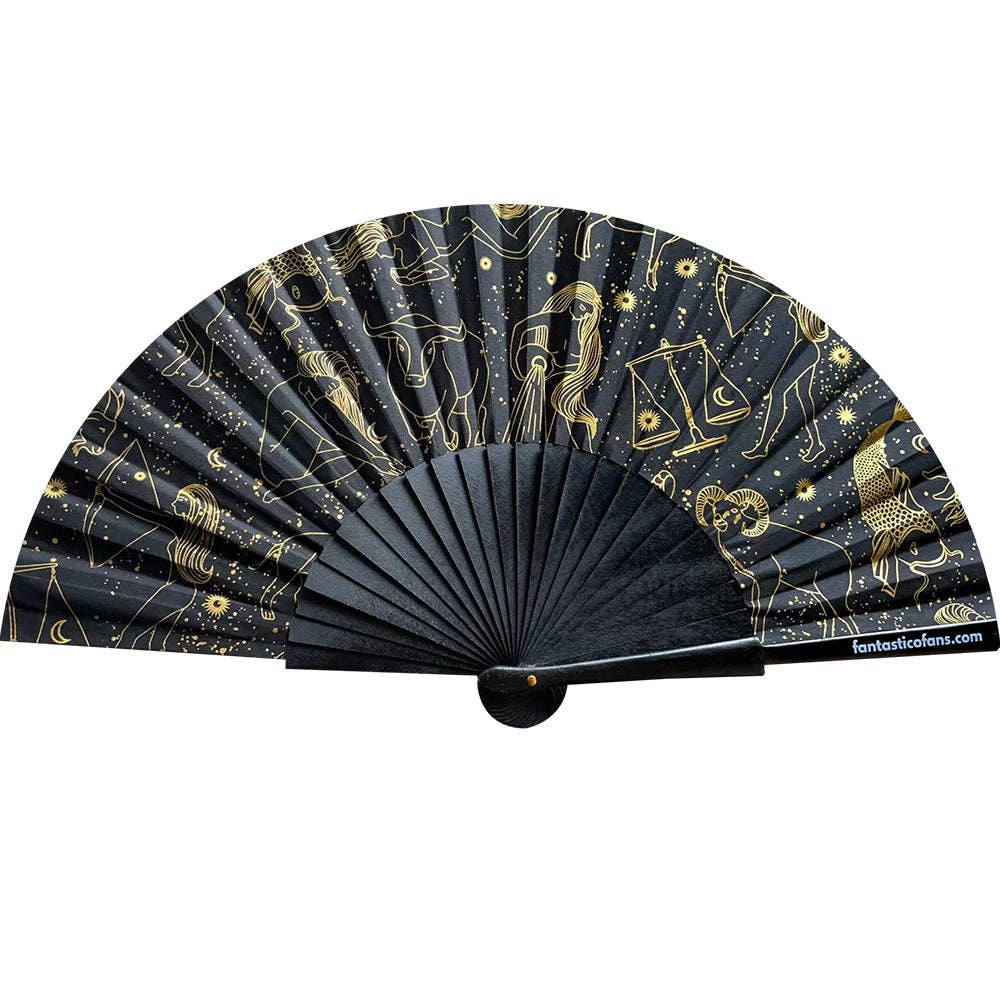 Zodiac Fan with gold print and black FSC-certified wood handles, fully opened to showcase its 46 cm width. Eco-friendly, stylish, and perfect for summer.