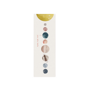 Sustainable bookmark with watercolor planets and "you are here" message, printed on recycled FSC-certified paper.