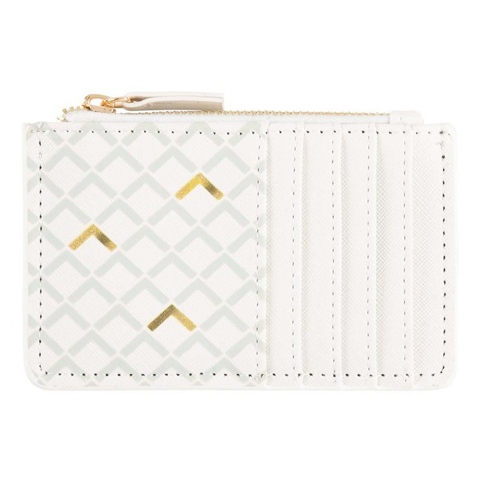 white cardholder with silver and gold geometric design and zipper pouch for coins