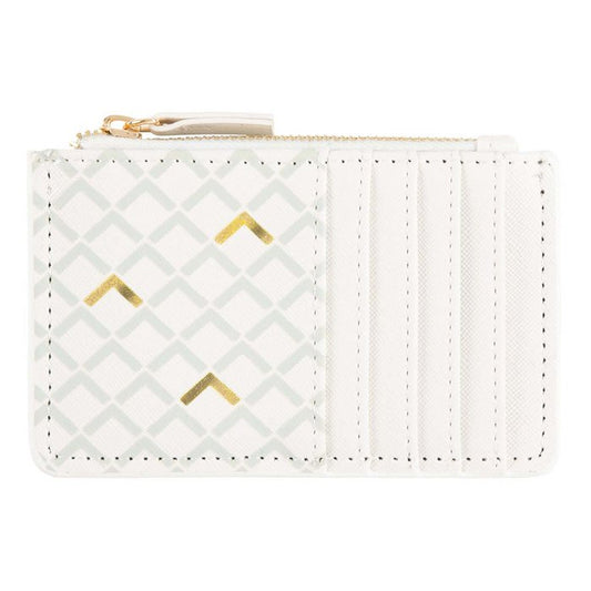 white cardholder with silver and gold geometric design and zipper pouch for coins