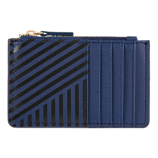 blue and black striped card holder with zipper for coins