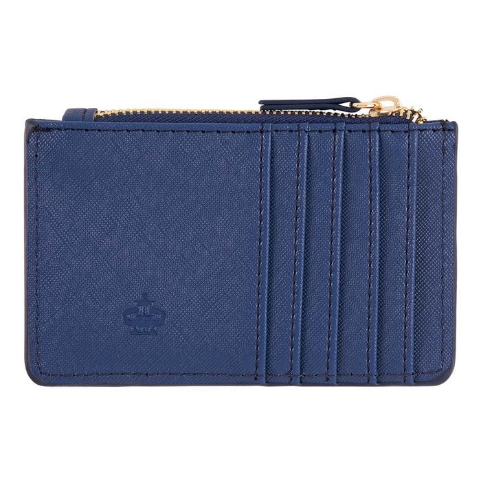 Navy blue and black striped Draeger Paris card holder with 10 card slots and a central zippered pocket.