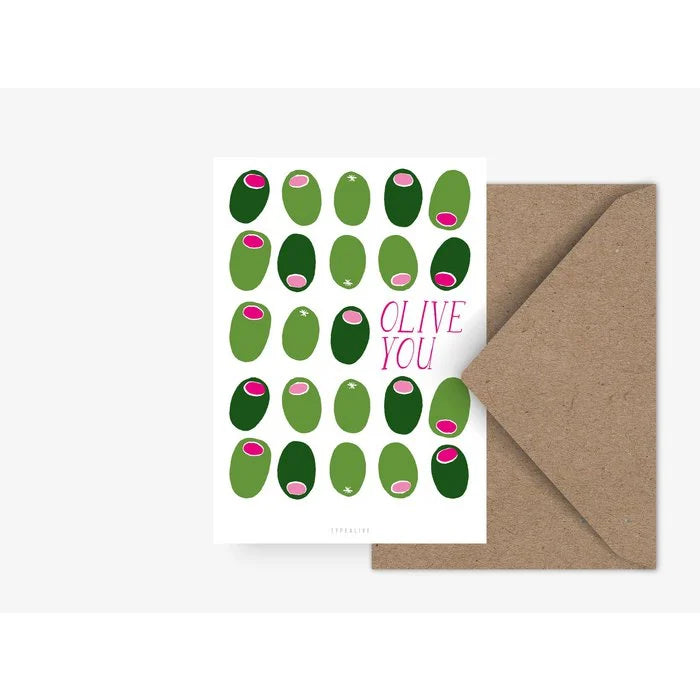 One-sided Olive You postcard with an olive illustration and playful text, paired with an envelope. A charming way to send love.