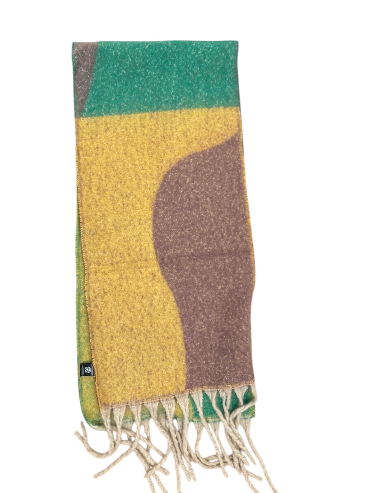 Abstract-patterned scarf in green, yellow, and warm brown with a soft texture and tasseled edges.