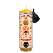 Atrae Dinero Ritual Candle from Trinidad Ritual's Premium collection with a sleek protective cover, designed to attract prosperity and positive energy.