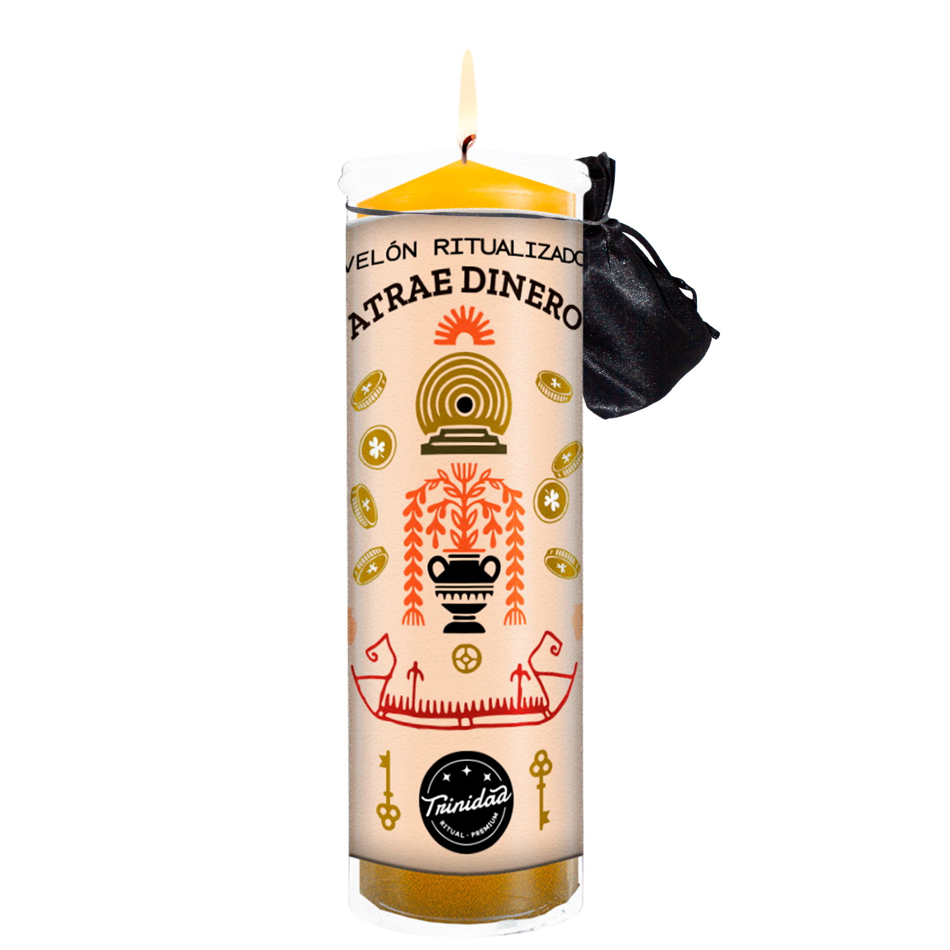 Atrae Dinero Ritual Candle from Trinidad Ritual's Premium collection with a sleek protective cover, designed to attract prosperity and positive energy.