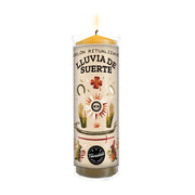 Lluvia de Suerte Ritual Candle from Trinidad Ritual's Premium collection, burning safely in its protective cover, creating an enchanting glow to enhance rituals and meditation.